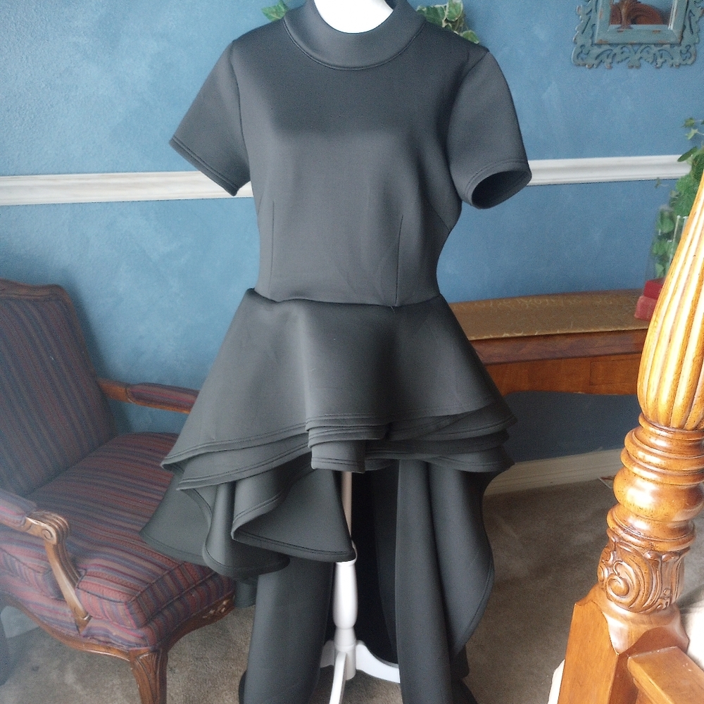 Eien Elegant Black Ruffle High, Low Scuba Knit Open Dress/ No Pant.